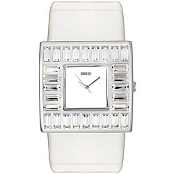 Ladies Guess White Crystal Watch on Leather Strap - W11524L4