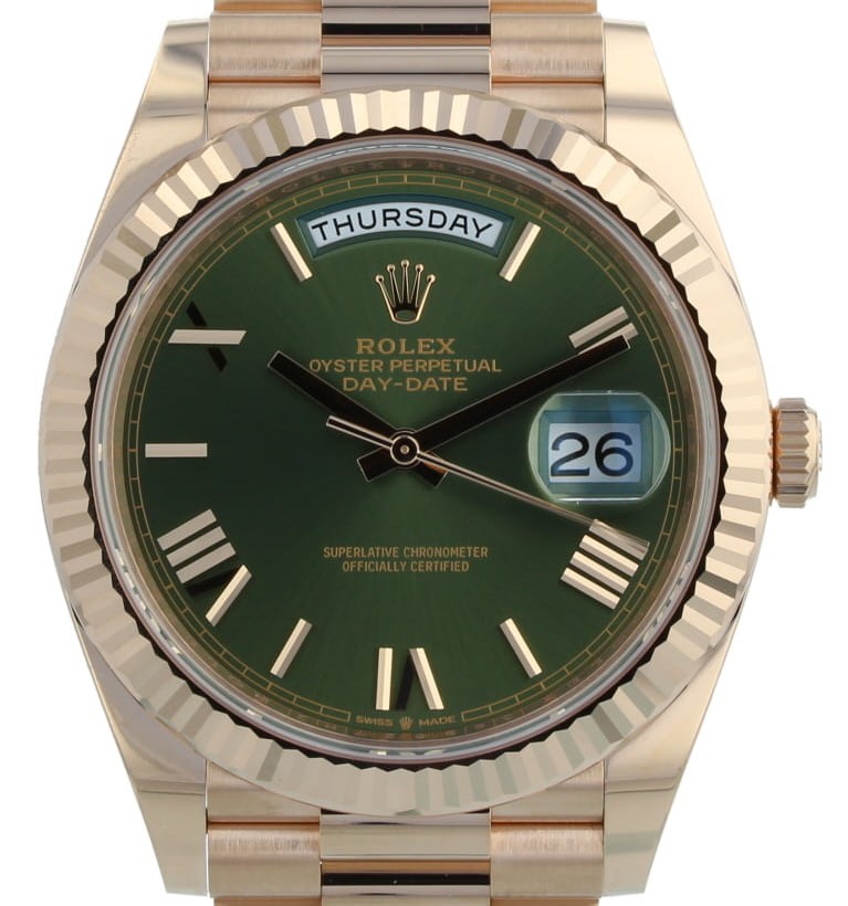 18ct Rose Gold Rolex Day Date 40 Green Dial 